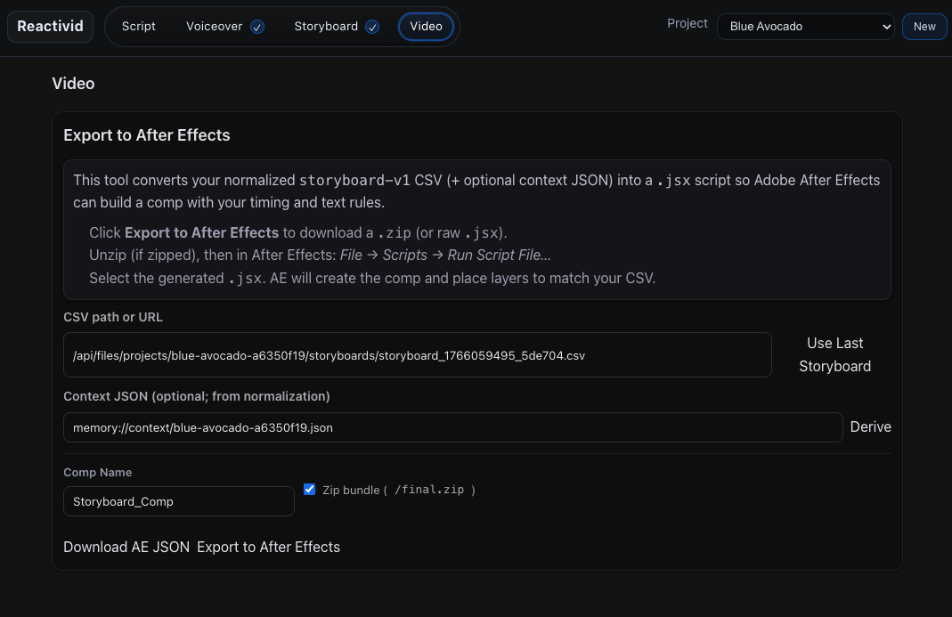 Export view showing the After Effects exporter with CSV path, optional context JSON, comp name, and export/download actions.