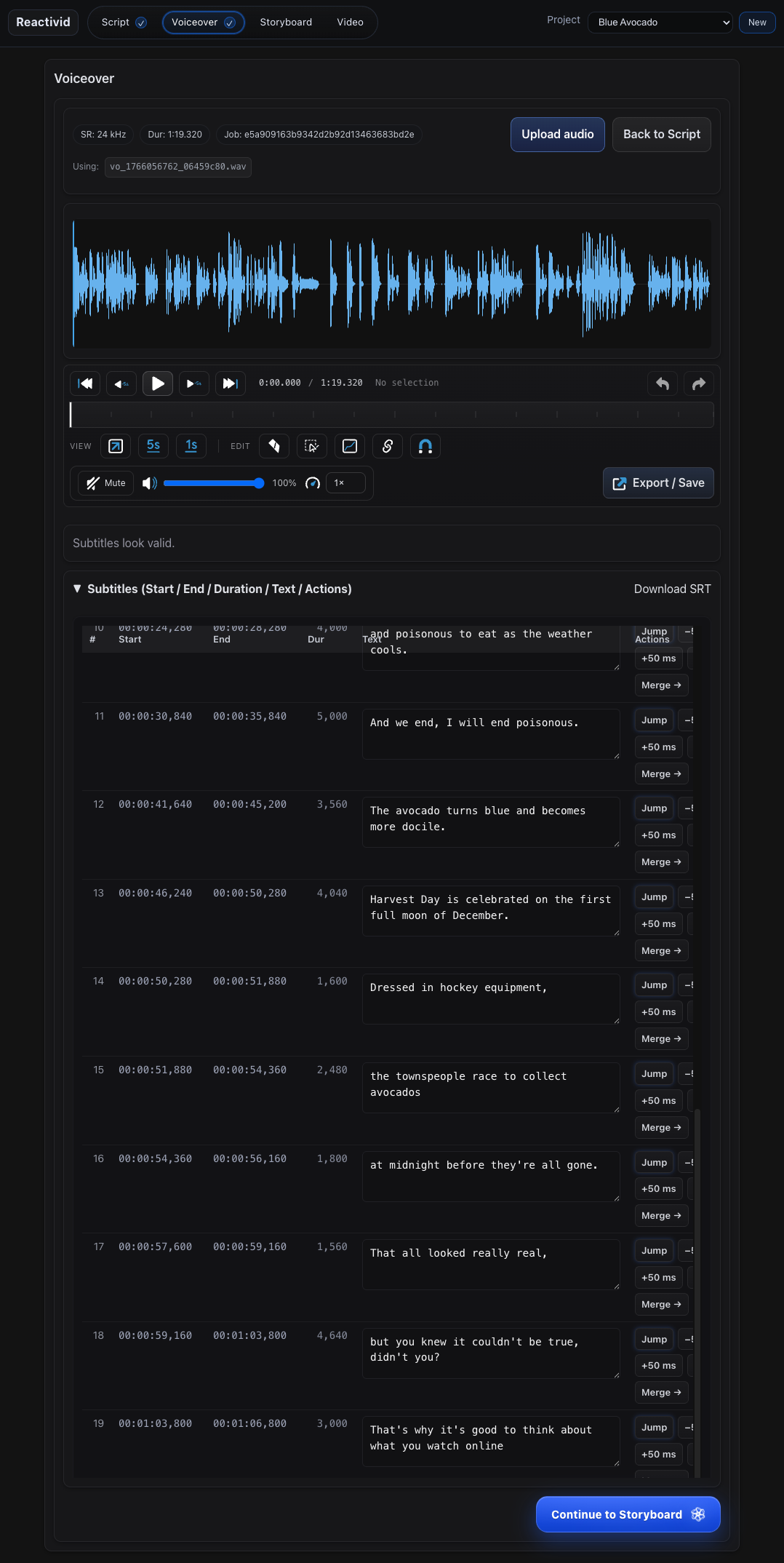 Voiceover view showing a waveform timeline, playback controls, export controls, and a subtitles table with timing and actions.